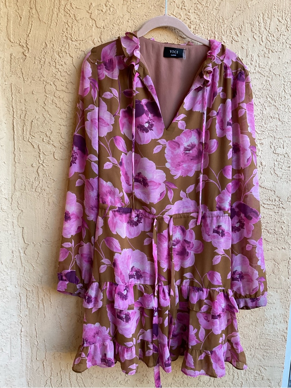 VICI‎ Charleston Waist Tie Floral Pink & Brown Mini Dress - Picture 7 of 16